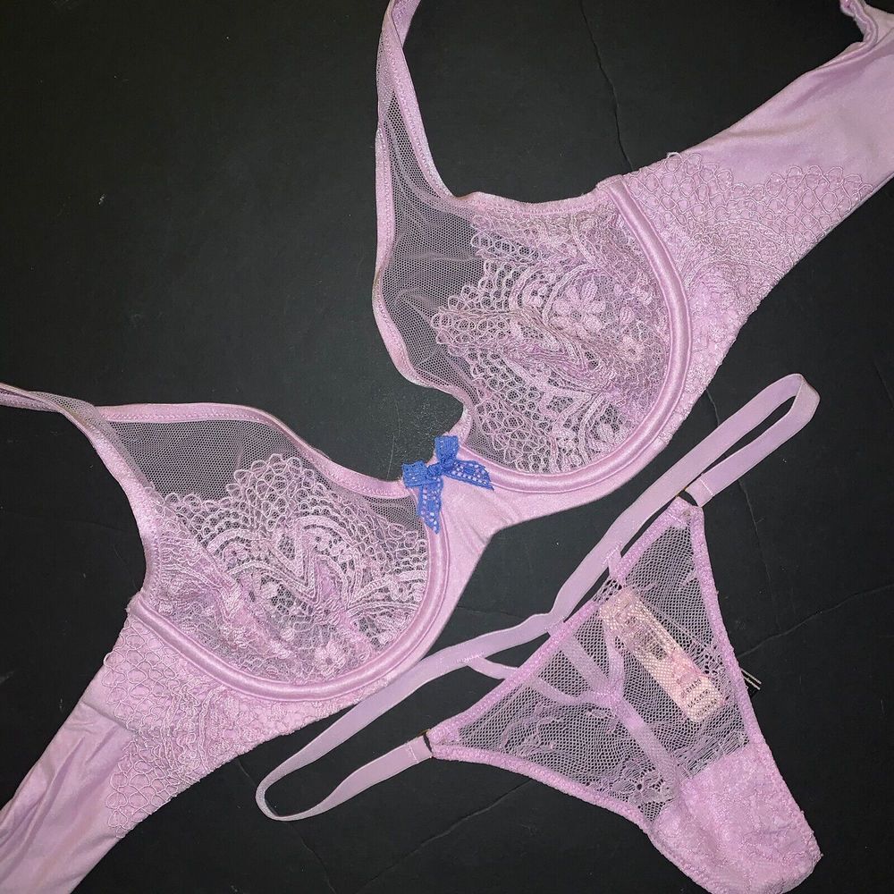 Victoria's Secret unlined 34C,34D,34DDD BRA SET S thong Lilac Purple lace BLue